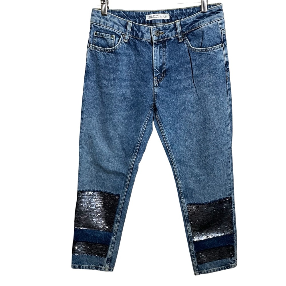 Zara basic denim sequin jeans cropped boyfriend f… - image 2